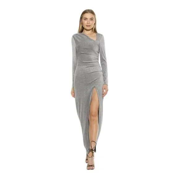 Alexis Admor Cutout Silver Ruched Shimmer Gown Size Small - Picture 1 of 10